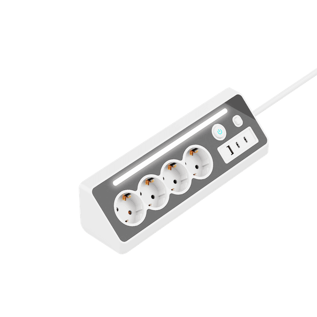 مشترك كهرباء 4 مخارج بكابل 2 متر مع USB + Type-C وكشاف LED موديل E28